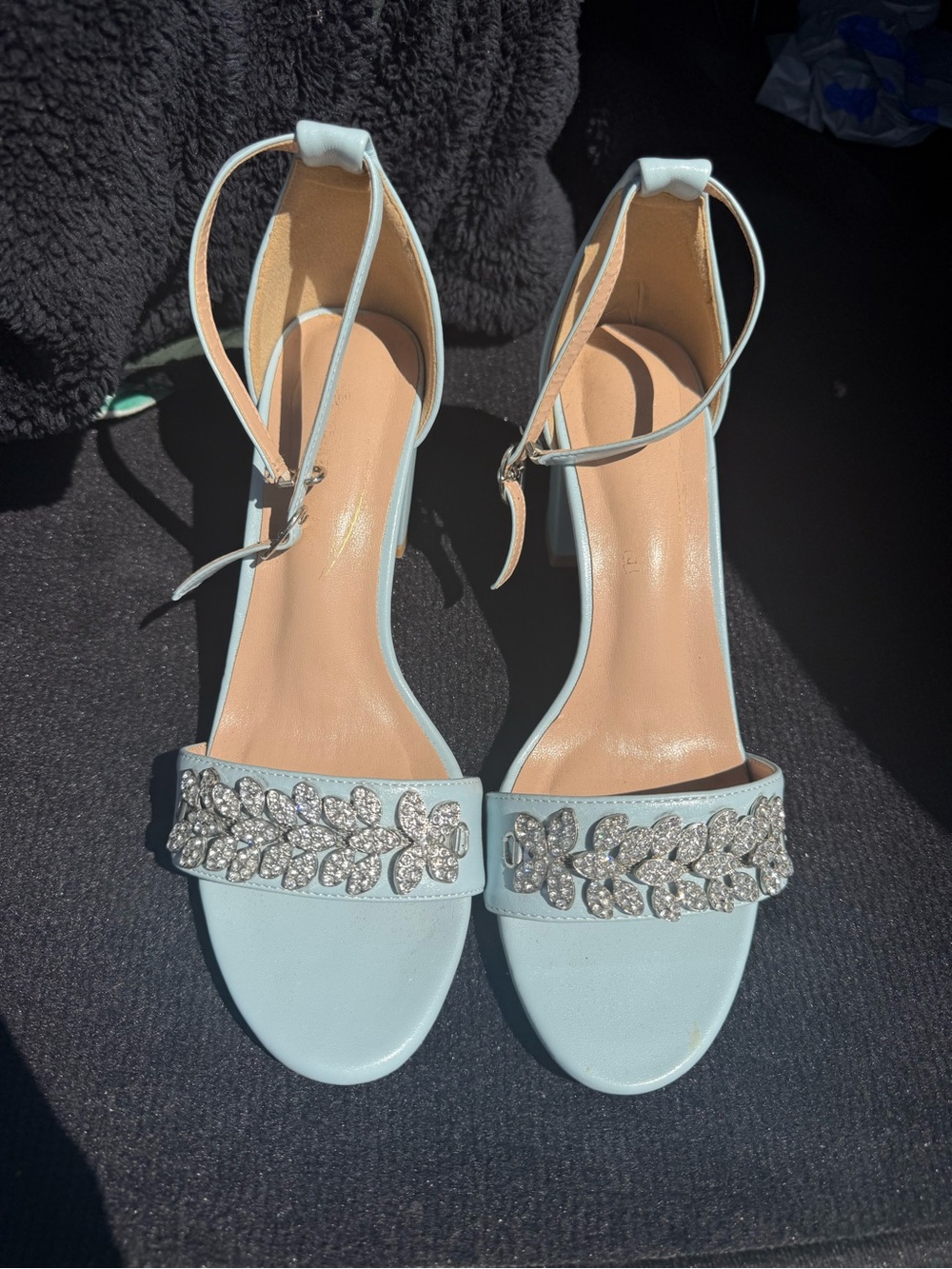 Crystal-Embellished Light Blue Ankle-Strap Sandals